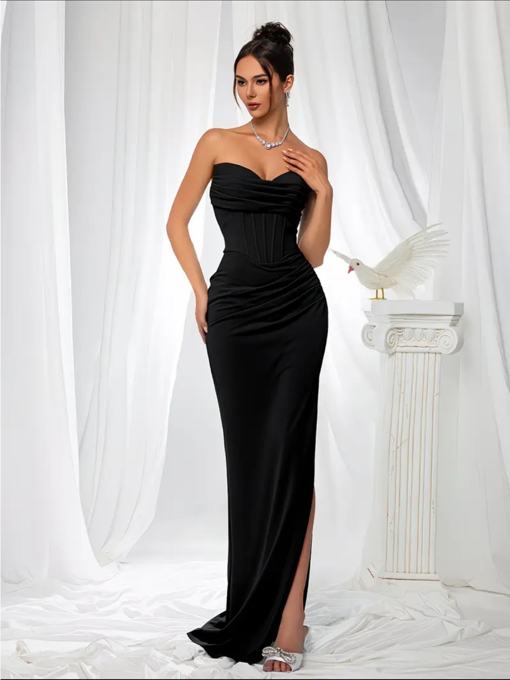 Fashion Nova Black Strapless Pleated Bust Evening Dress